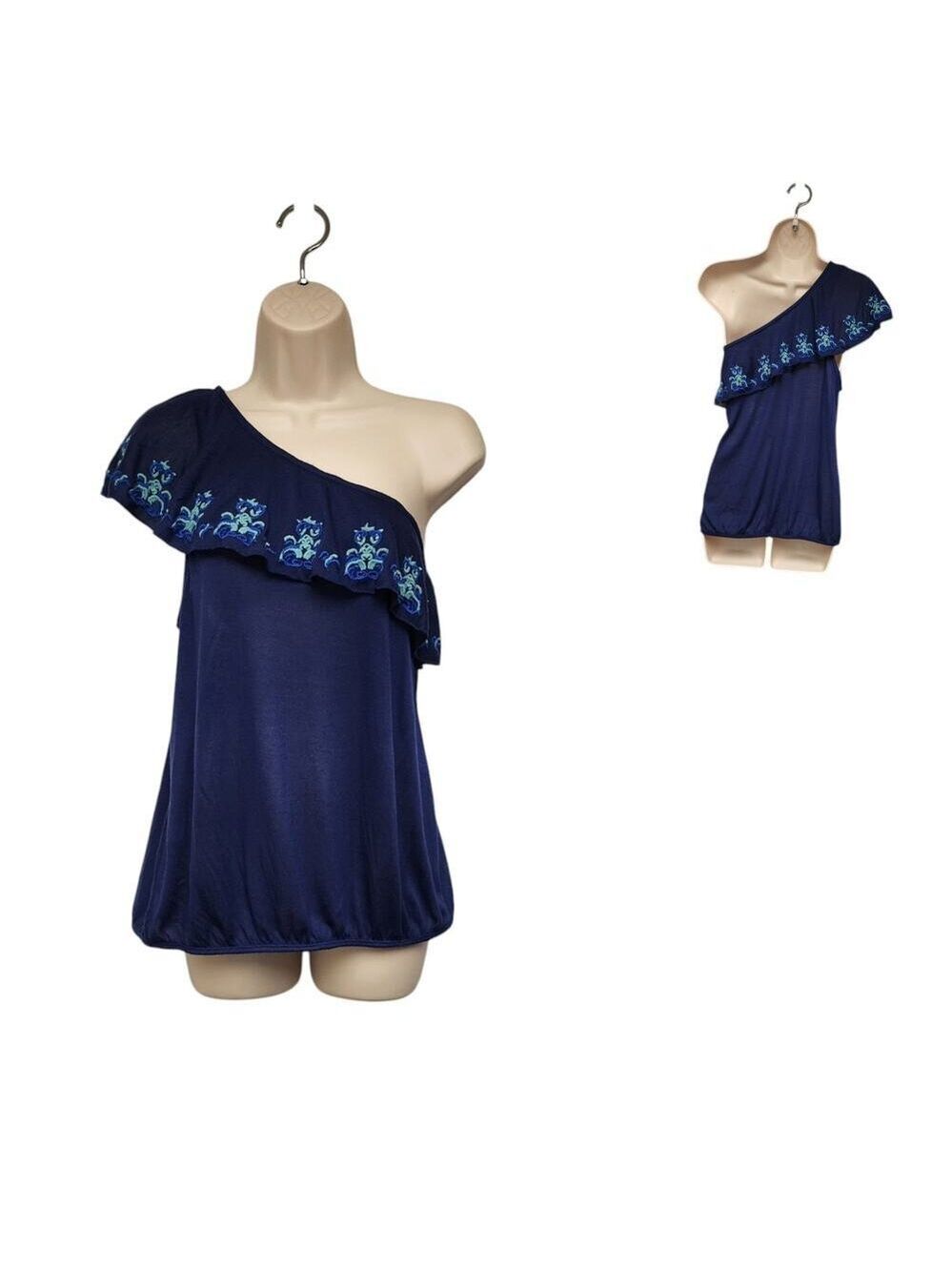 Red Camel One Shoulder Navy Blue Floral Ruffle Sleeveless Blouse Top Size XL